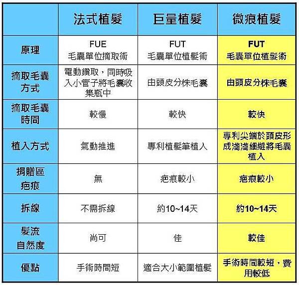 植髮手術比較