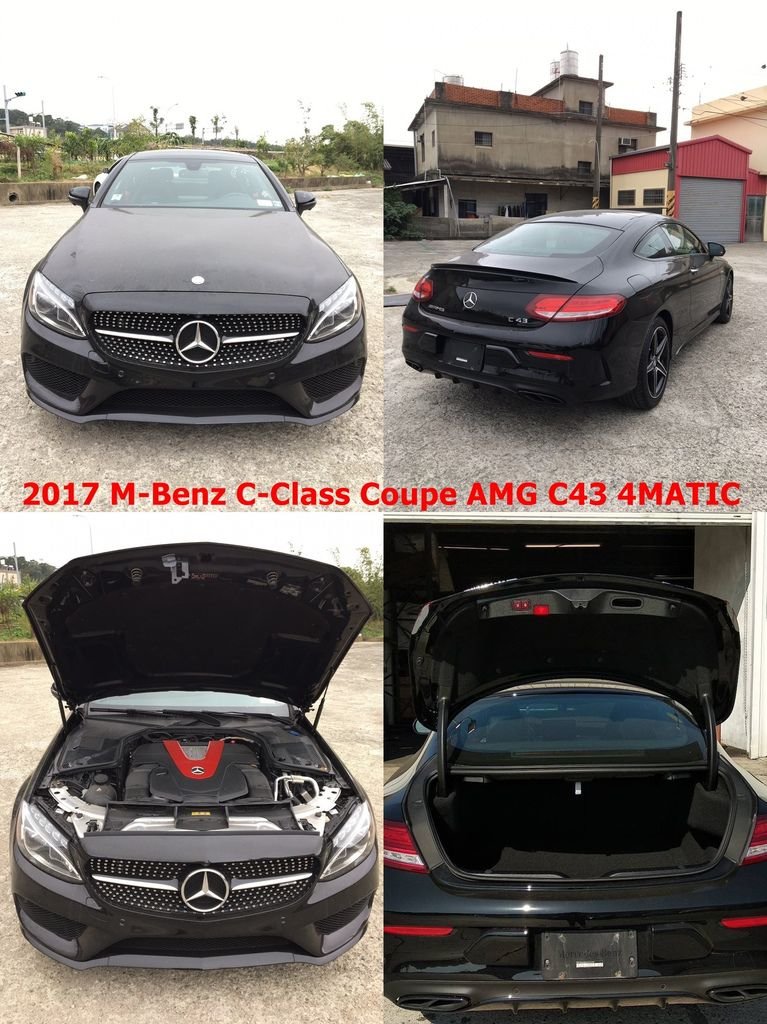 2017 賓士C43 Coupe AMG 4MATIC，搭載3.0升V6雙渦輪增壓汽油引擎，搭配9G-Tronic九速手自排，從0-100km/h只需要4.7秒的時間，並且有著4MATIC全輪驅動，讓您在彎道上奔馳時還能保有良好的穩定性，讓駕駛人可以簡單掌握車身重心與輪胎抓地力變化，百分百控制車速，掌握行車路線。