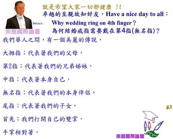 Why wedding ring on 4th finger？為何結婚戒指需要戴在地4指(無名指)？   p.1