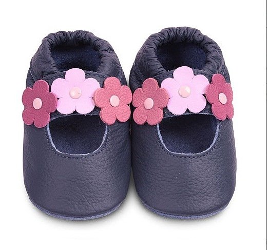 Navy _3 Flowers (#GNV10) _ classic girls soft soled leather baby shoes