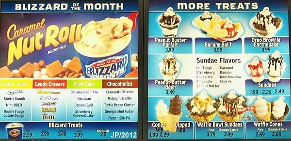 DQ DAIRY QUEEN ICE CREAM MENU, Dairy Queen Blizzard of the Month treats, Banana Splits,Ice Cream Sundaes, Soft Serve Waffle Cones