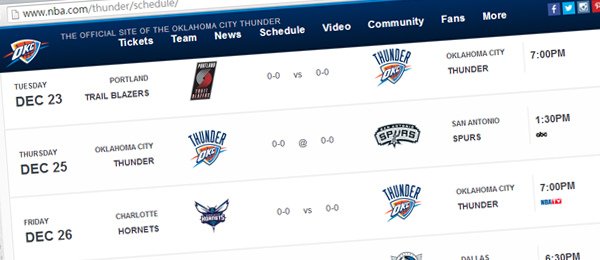 OKC Thunder 2014-15 Regular Season Schedule