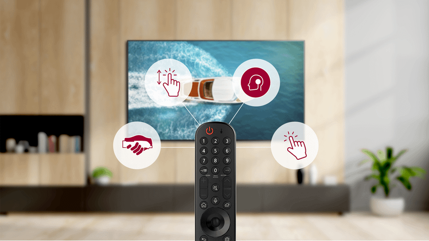 LG 2021 年電視全系列搭配全新 AI 語音滑鼠遙控器，流線外型、易於手持，透過語音聲控、簡單方便設定功能，領先世界的 ThinQ 物聯網串聯技術，盡享智慧便利新生活。.png