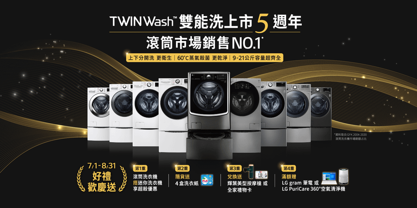 【新聞稿照片1】LG TWINWash 雙能洗 歡慶在台上市5週年 連續10年滾筒市場市佔第一 健康好禮送不完.png