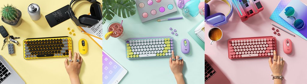 圖說06：Logitech POP KEYS+POP MOUSE 鍵鼠組合，左到右酷玩黃、夢幻紫、魅力桃.jpg