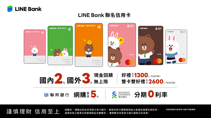 新聞照片一：「LINE Bank聯名信用卡」由LINE Bank 攜手聯邦銀行、渣打銀行合作發行，是獨步業界、國內全新「無腦刷神卡」，通通享有國內消費刷卡2%、海外消費不限國家刷卡3%。.png