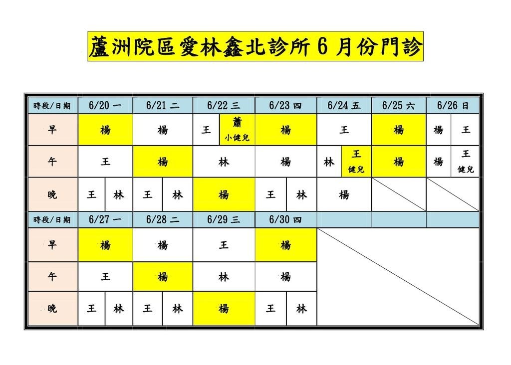 蘆洲院區愛林鑫北診所1050620-30門診-1