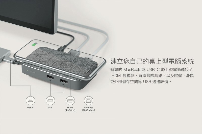 建立您自己的桌上型電腦系統 將您的 MacBook 或 USB-C 膝上型電腦連接至 HDMI 監視器、有線網際網路，以及鍵盤、滑鼠或外部儲存空間等 USB 週邊設備。