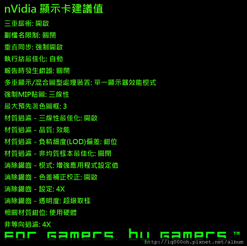 NVIDIA 顯示卡建議值