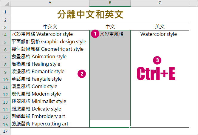 Excel-分離儲存格裡的中英文字