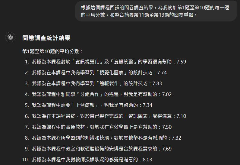 提供課程的問卷調查結果利用ChatGPT進行統計分析