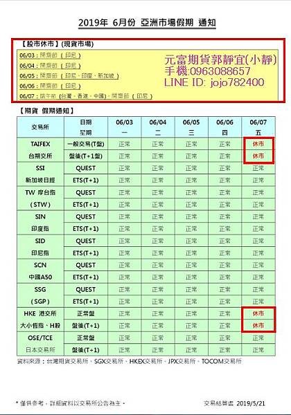 2019年6月份 亞洲市場假期 通知 