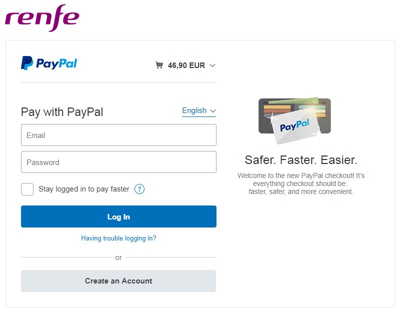 西班牙 Renfe Paypal 付款