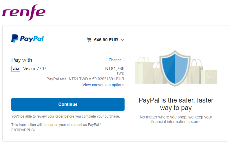 西班牙 Renfe PayPal付款