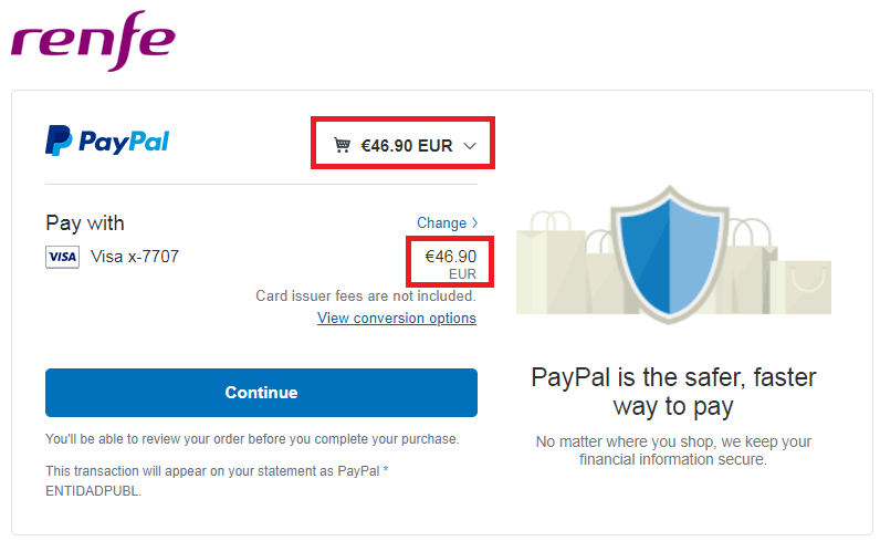 西班牙 Renfe Paypal 付款