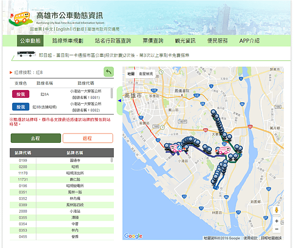 高雄市公車-紅8路線動態