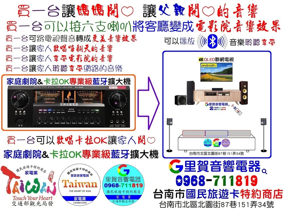 買一台 可以接六支喇叭 將客廳變成電影院音響效果 讓媽媽開心 讓父親開心的音響找里賀音響電器.jpg