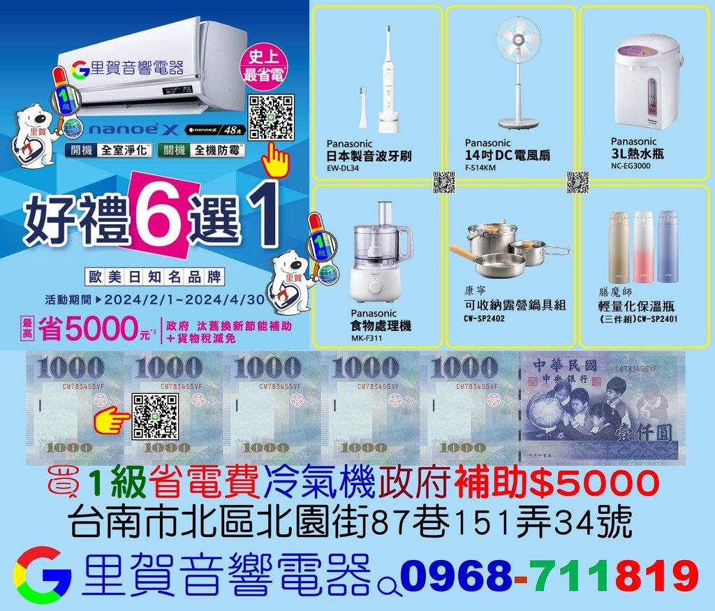 113年買Panasonic1級省電冷氣機享好禮6選1政府補助$5000  找里賀音響電器.jpg