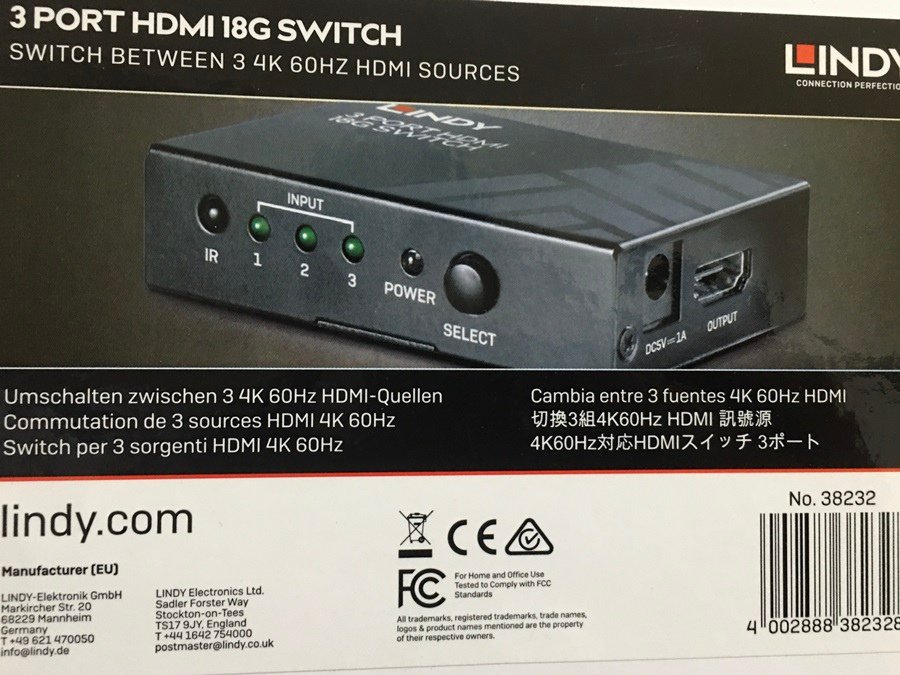 HDMI切換器推薦德國LINDY林帝HDMI 2.0 4K 18G-3進1出切換器解決HDMI Port不夠用4K高畫質HDMI輸出，可遙控切換HDMI訊號