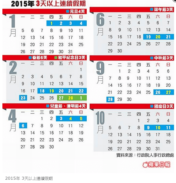 2015年3天以上連續假期