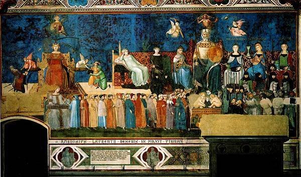 13.1 Sala dei Nove, north wall, The Virtues of Good Government, fresco, Palazzo Pibblico, 1337-40, Siena.jpg