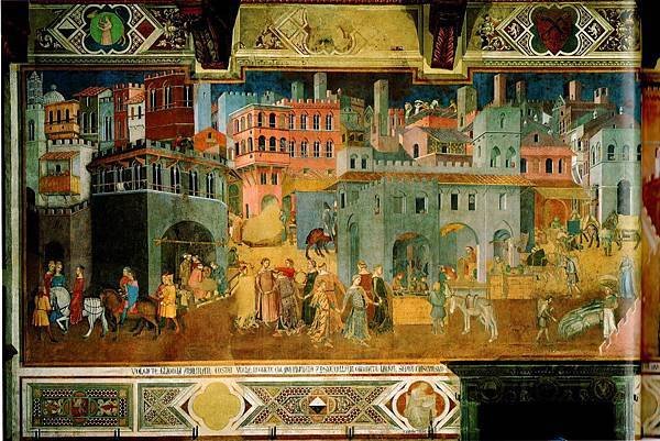 15.1 Sala dei Nove, east wall, The Good City-Republic, fresco, Palazzo Pubblico, 1337-40, Siena.jpg