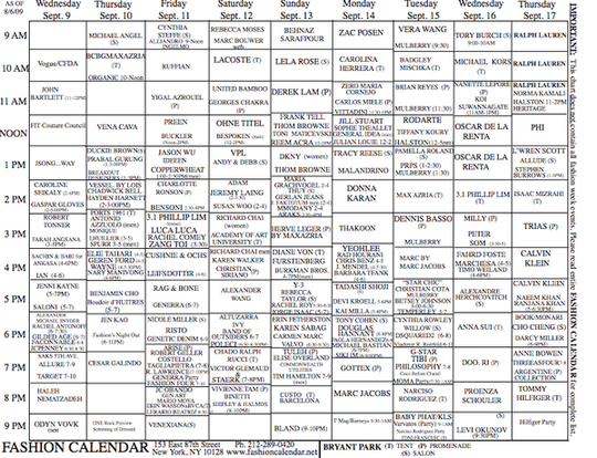 NYFW S/S 2010 Schedule 