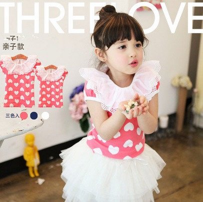 2014夏親子母女裝 中大女童裝荷葉翻領印花愛心 純棉短袖T恤上衣