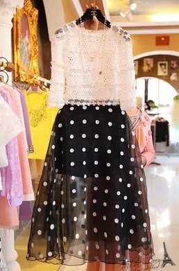 3099欧洲站米兰多格蕾丝衫水钻欧根纱波点女神长连衣裙2件套装p694-986