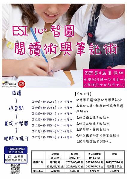 「ESI心智圖閱讀術與筆記術－小學暑假班」就是您孩子學習路上