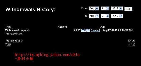 (2012-08-27)RelaEarn申請提領$1.25。