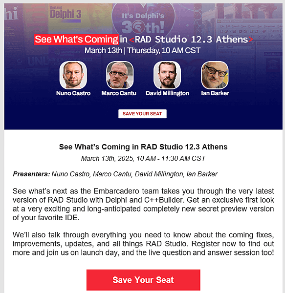 免費網路研討會：了解 RAD Studio 12.3 Ath