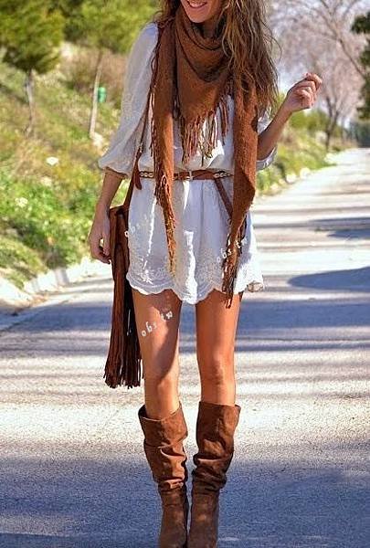 Lace Belted Dress With Long Boots and Scarf