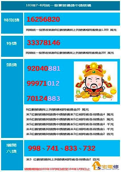 103年7-8月統一發票中獎號碼