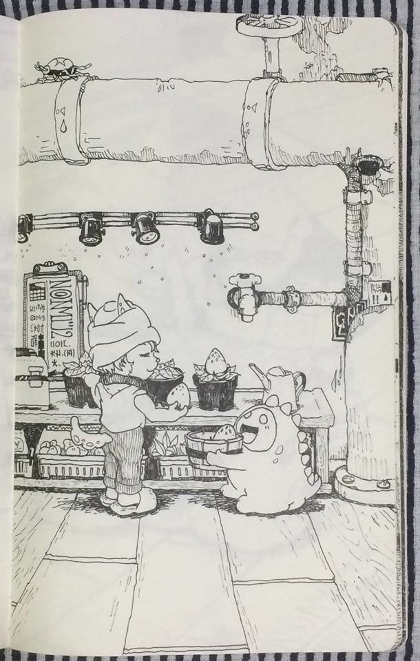 無鉛修作品_《刺刺安琪拉》圖文小說插圖，其之五_溫室。（無鉛修，無鉛筆稿、無修正液改。）