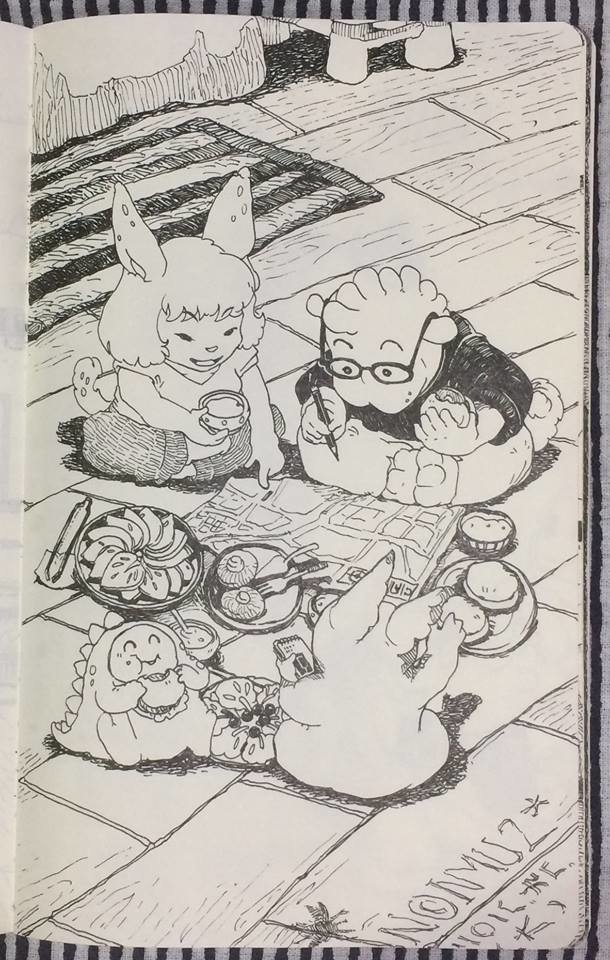 無鉛修作品_《刺刺安琪拉》圖文小說插圖，其之六_一起吃飯。（無鉛修，無鉛筆稿、無修正液改。）
