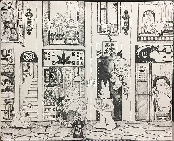 無鉛修作品_《刺刺安琪拉》圖文小說插圖，其之二十三_逛街。（無鉛修，無鉛筆稿、無修正液改。）_跨頁2