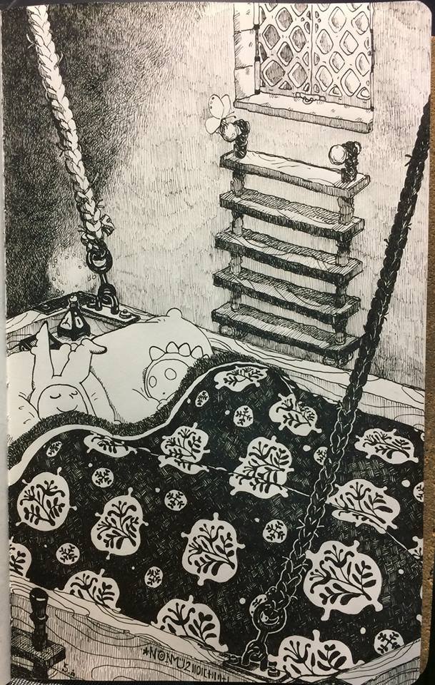 無鉛修作品_《刺刺安琪拉》圖文小說插圖，其之二十六_我睡不著。（無鉛修，無鉛筆稿、無修正液改。）