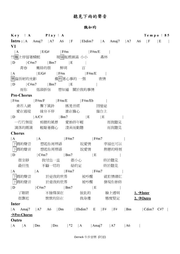 【和弦譜】聽見下雨的聲音