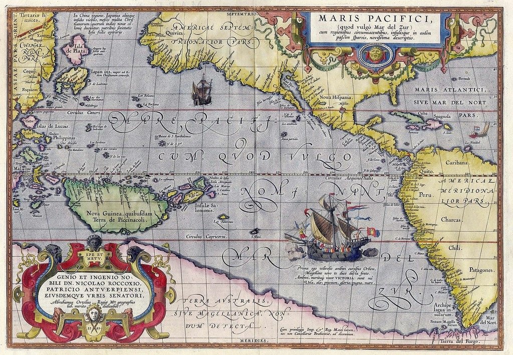 Ortelius在1589年所繪製的地圖Maris Pacifici (引自維基共享資源).jpg