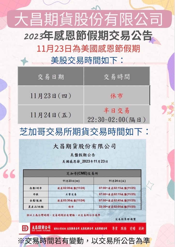 2023年11月23日是美國感恩節  美股交易時間：  👉11月23日(四)休市  👉11月24日(五)半天交易22:30~02:00(隔日)  芝加哥期貨交易所交易時間：  11月23日(四)  👉指數期貨、利率期貨皆在隔日凌晨02:00提早收盤  👉外匯期貨在當天正常交易  👉能源期貨、金屬期貨皆在隔日凌晨03:30提早收盤  👉農產品期貨、肉類期貨皆在當天休市沒有開盤  11月24日(五)  👉指數期貨、利率期貨、外匯期貨皆在隔日凌晨02:15提早收盤  👉能源期貨、金屬期貨皆在隔日凌晨02:45提早收盤  👉農產品期貨、肉類期貨皆在隔日凌晨02:05提早收盤