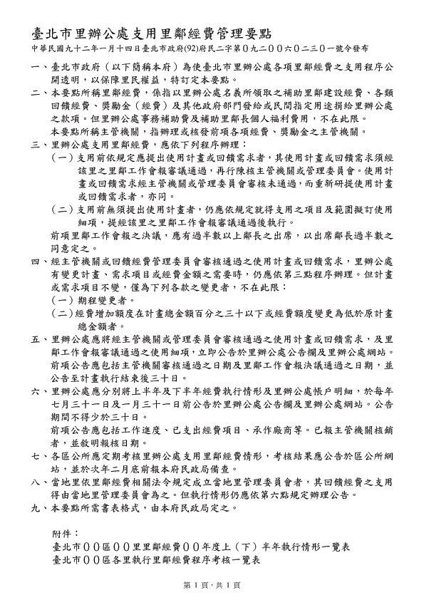 臺北市里辦公處支用里鄰經費管理要點