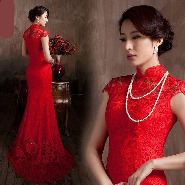 Red-Chinese-traditional-wedding-dress-Water-soluble-lace-dress-Long-gown-stand-color-trailing-zipper-closed