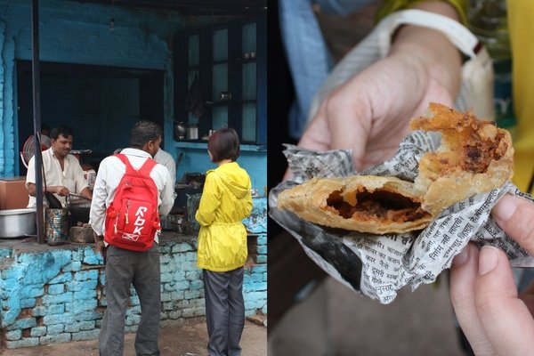 跟著當地人買的早餐，製作方式是麵糰包餡，放進油鍋中炸，剛炸出來的香香脆脆，帶點淡淡的咖哩味.jpg