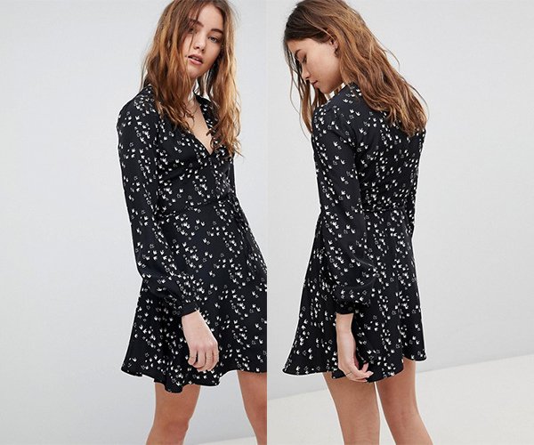 Glamorous Long Sleeve Wrap Dress In Swallow Print