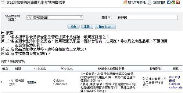 食品添加物使用範圍及限量暨規格標準-碳酸鈣