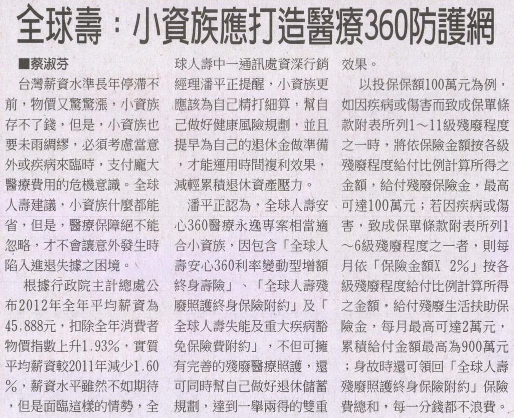 20130328[工商時報]全球壽：小資族應打造醫療360防護網