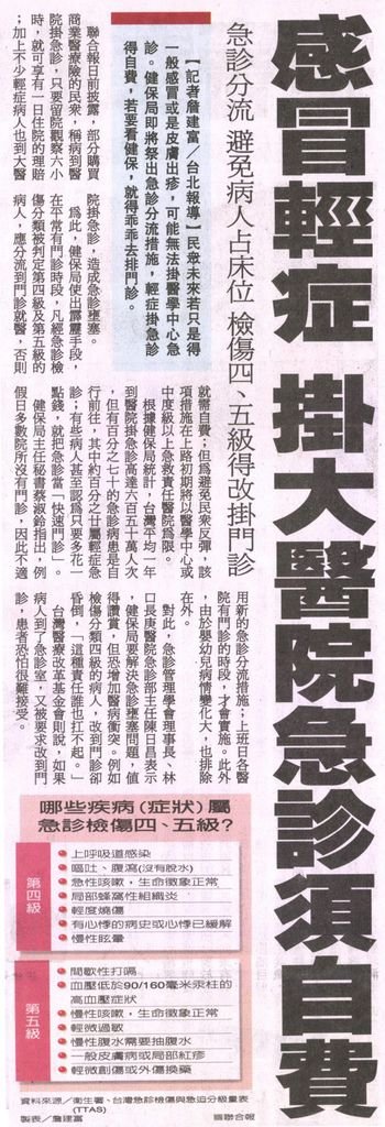 20130522[聯合報]感冒輕症 掛大醫院急診須自費--急診分流 避免病人占床位 檢傷四、五級得改掛門診