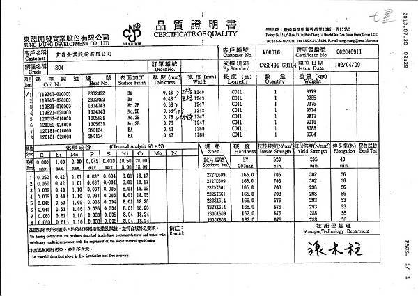 不銹鋼餐具品質證明書