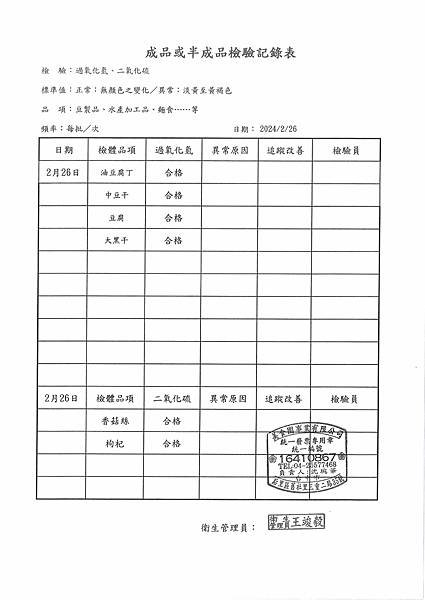 112學年下學期第3週--成品或半成品檢驗紀錄表